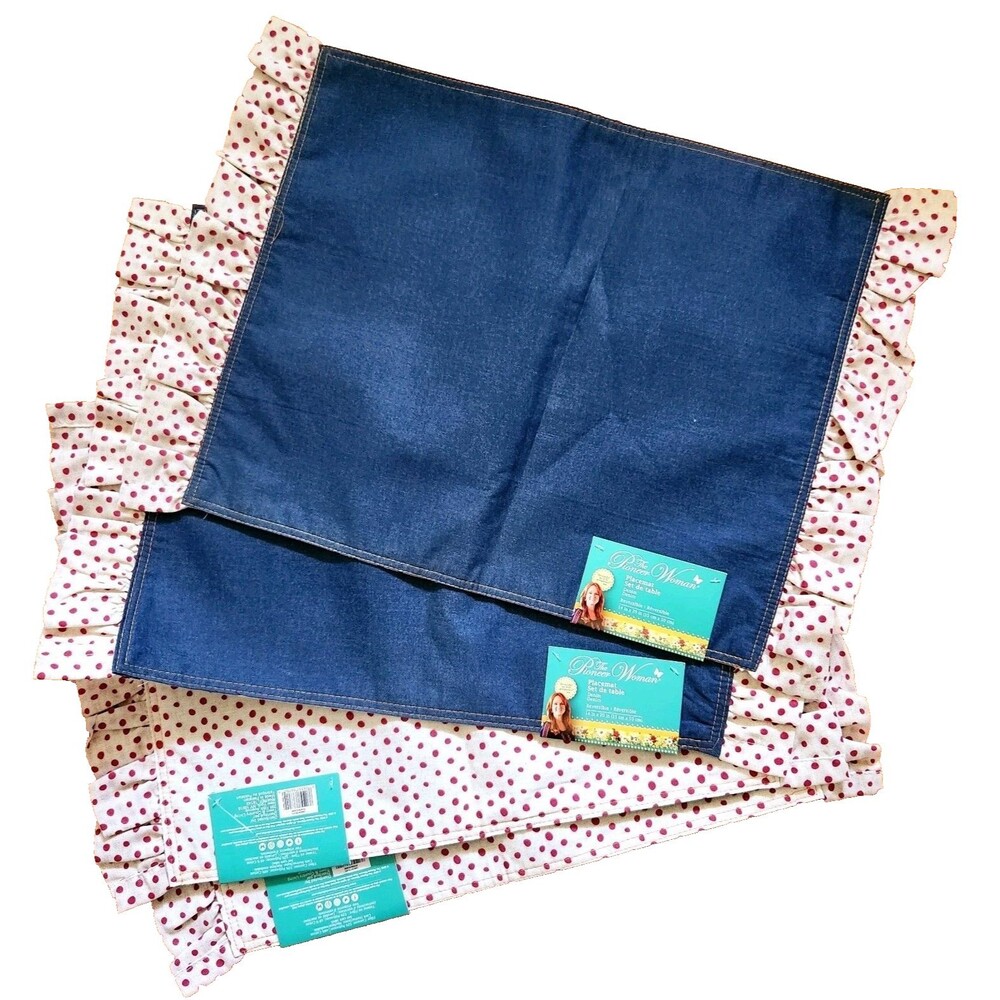 The Pioneer Woman Placemats Denim Red Polka Dot Reversible Ruffle 14x20 Set Of 4